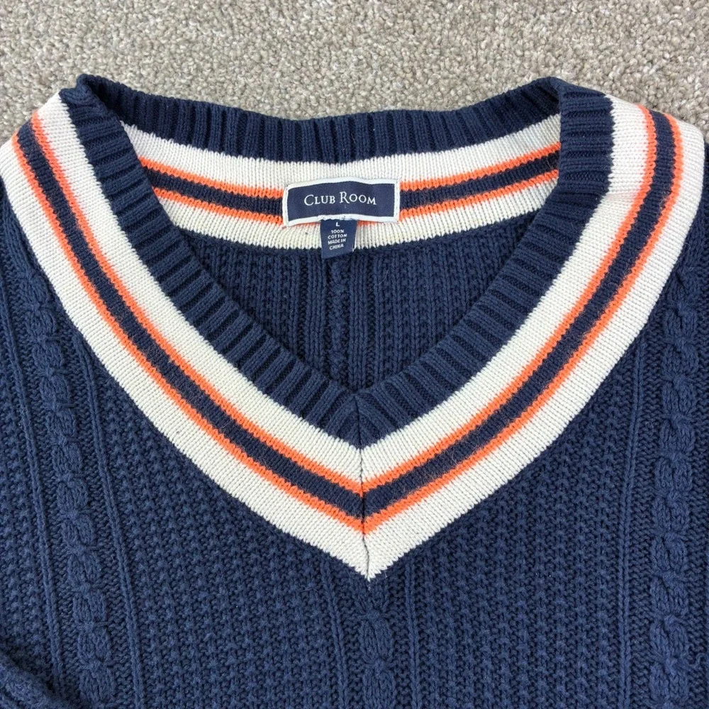 Club Room Mens L Cable Knit Cricket Sweater Navy V Neck Stripe Cotton Collegiate